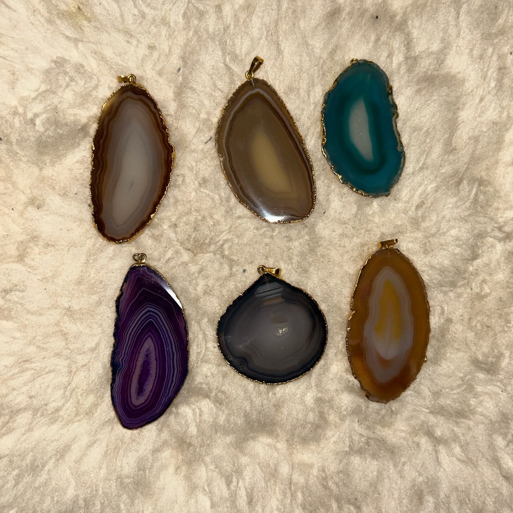 Agate Slice Pendant Lot - Multicolor Gold Trim